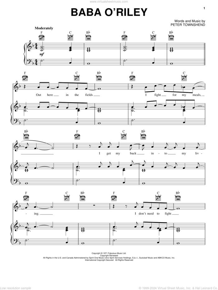 Baba O'Riley sheet music for voice, piano or guitar by The Who, intermediate skill level