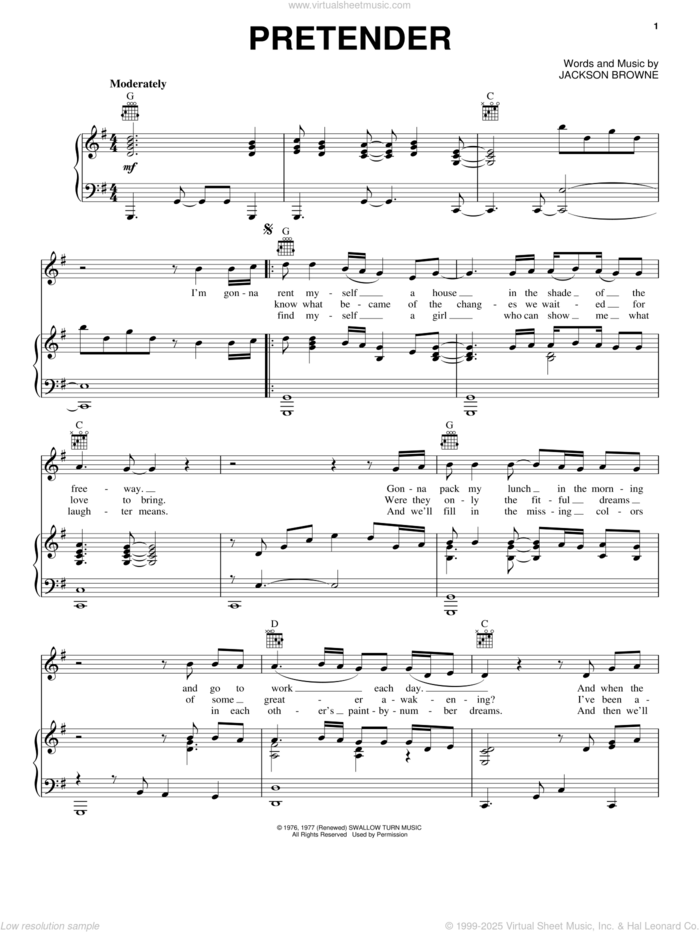 Pretender sheet music for voice, piano or guitar by Jackson Browne, intermediate skill level