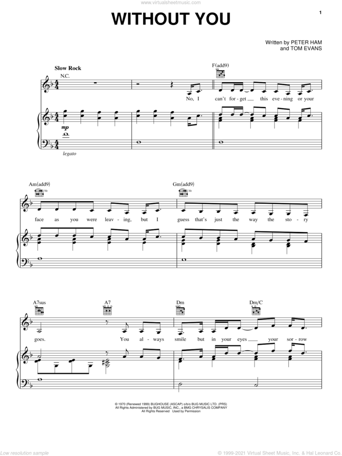 Without You sheet music for voice, piano or guitar by Air Supply, Mariah Carey and Nilsson, intermediate skill level