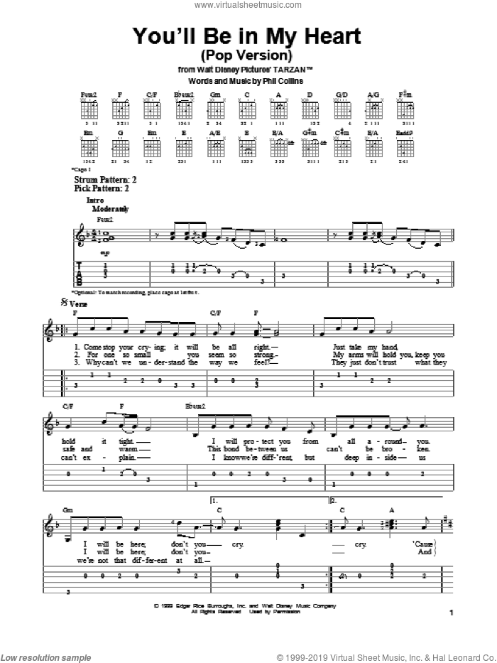 You'll Be In My Heart (Pop Version) (from Tarzan) sheet music for guitar solo (easy tablature) by Phil Collins, easy guitar (easy tablature)