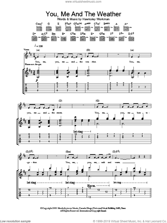 You Me And The Weather sheet music for guitar (tablature) by Hawksley Workman, intermediate skill level
