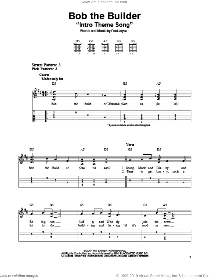 Bob The Builder 'Intro Theme Song' sheet music for guitar solo (easy tablature) by Paul Joyce, easy guitar (easy tablature)