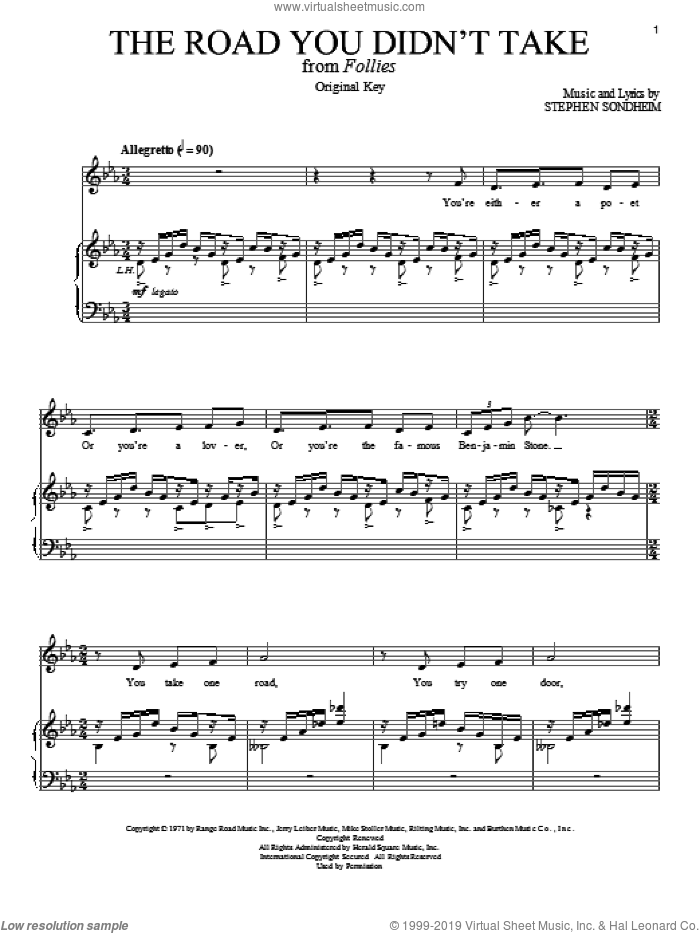 The Road You Didn't Take sheet music for voice and piano by Stephen Sondheim, intermediate skill level
