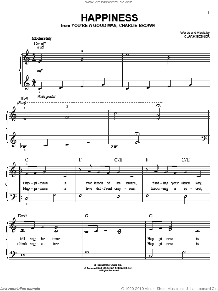 Happiness sheet music for piano solo by Clark Gesner, easy skill level