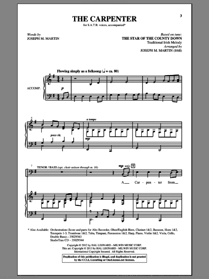 The Carpenter sheet music for choir (SATB: soprano, alto, tenor, bass) by Joseph M. Martin, intermediate skill level
