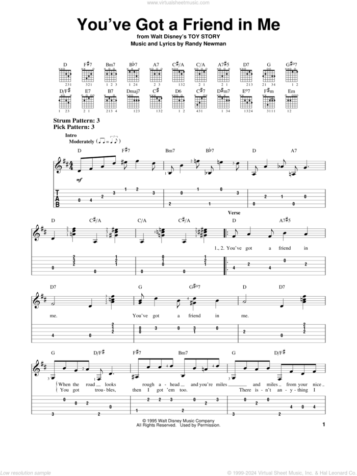 You've Got A Friend In Me (from Toy Story) sheet music for guitar solo (easy tablature) by Randy Newman, easy guitar (easy tablature)