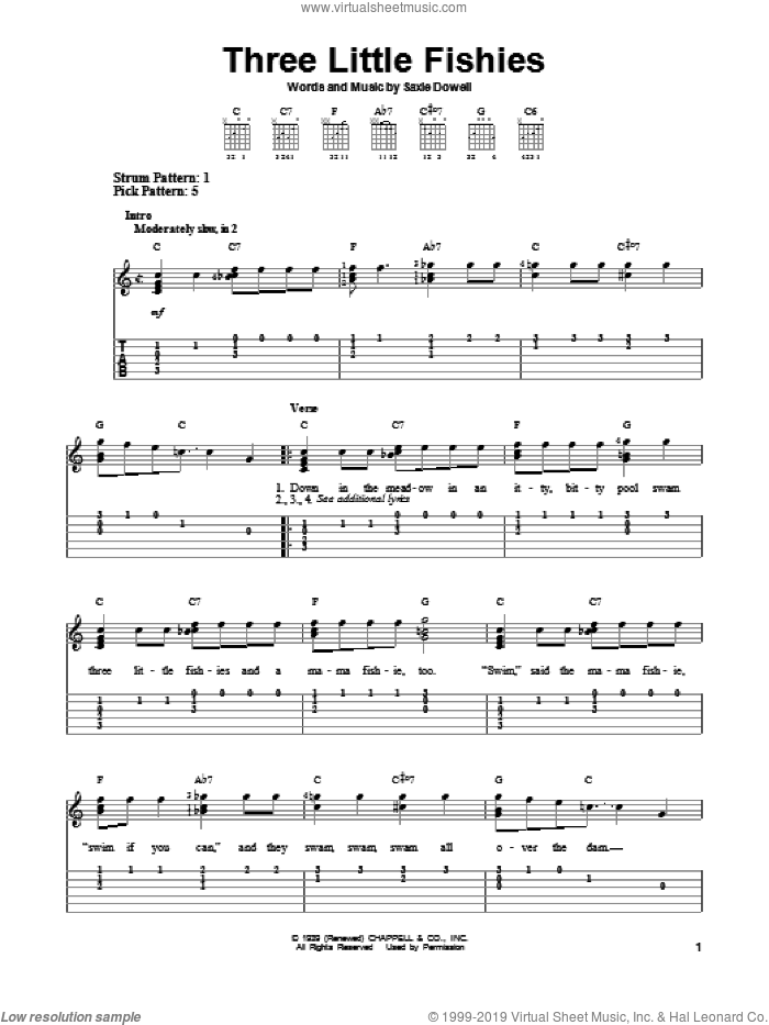 Three Little Fishies sheet music for guitar solo (easy tablature) by Saxie Dowell, easy guitar (easy tablature)