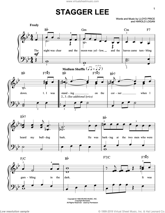Stagger Lee sheet music for piano solo by Lloyd Price and Harold Logan, easy skill level