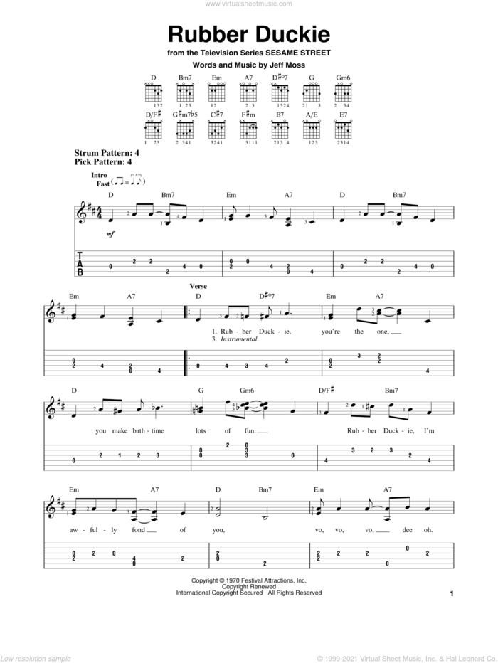 Rubber Duckie sheet music for guitar solo (easy tablature) by Jeff Moss, easy guitar (easy tablature)