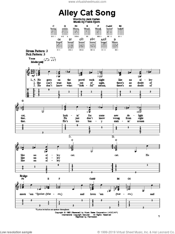 Alley Cat Song sheet music for guitar solo (easy tablature) by Frank Bjorn and Jack Harlen, easy guitar (easy tablature)