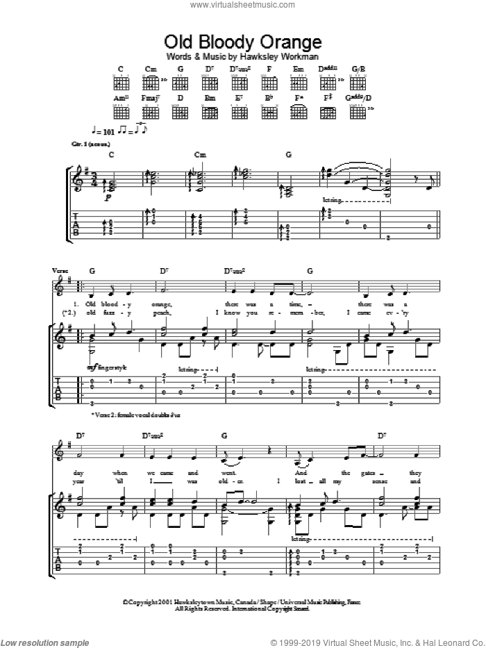 Old Bloody Orange sheet music for guitar (tablature) by Hawksley Workman, intermediate skill level