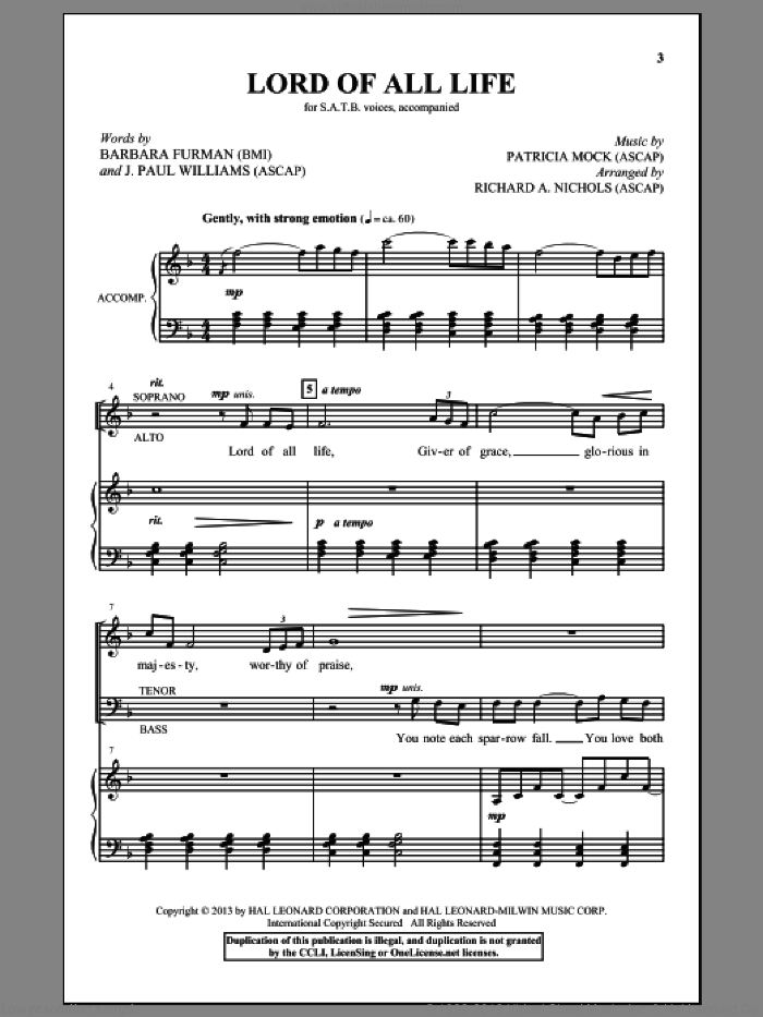 Lord Of All Life sheet music for choir (SATB: soprano, alto, tenor, bass) by Patricia Mock and Richard A. Nichols, intermediate skill level