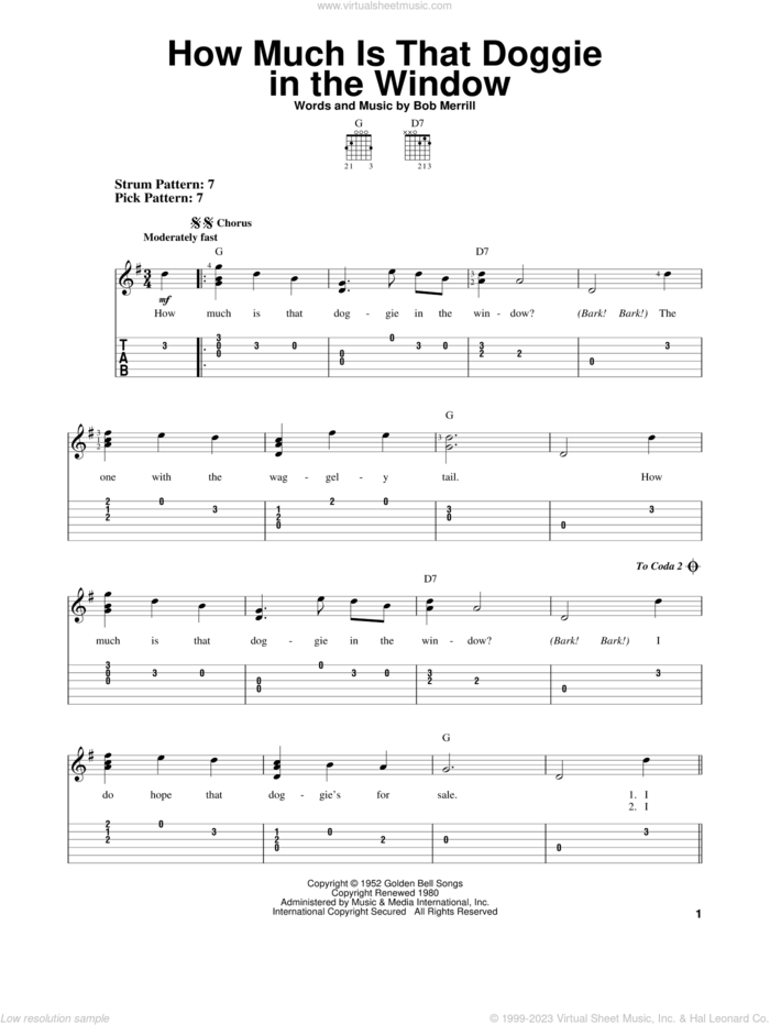 How Much Is That Doggie In The Window sheet music for guitar solo (easy tablature) by Bob Merrill and Baby Jane & The Rockabyes, easy guitar (easy tablature)