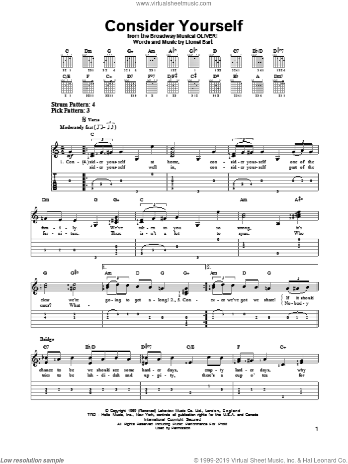 Consider Yourself sheet music for guitar solo (easy tablature) by Lionel Bart, easy guitar (easy tablature)