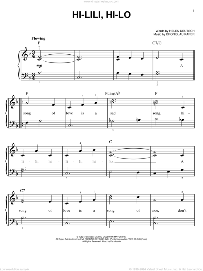 Hi-Lili, Hi-Lo sheet music for piano solo by Helen Deutsch and Bronislau Kaper, easy skill level