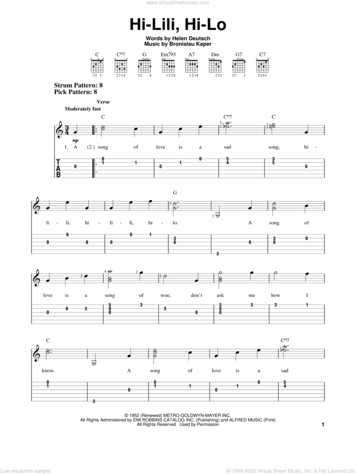 Hi-Lili, Hi-Lo sheet music for guitar solo (easy tablature) by Helen Deutsch and Bronislau Kaper, easy guitar (easy tablature)