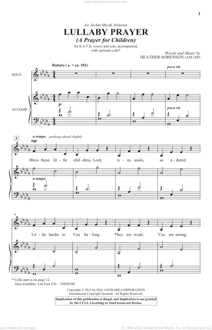 Lullaby Prayer (A Prayer For Children) sheet music for choir (SATB: soprano, alto, tenor, bass) by Heather Sorenson, intermediate skill level