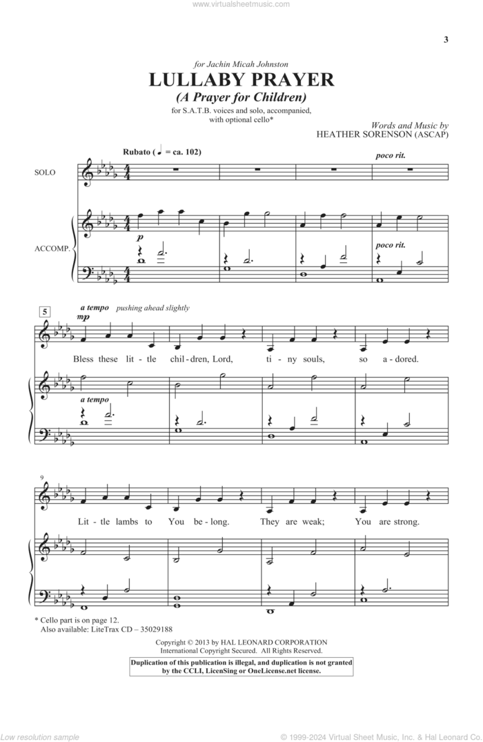 Lullaby Prayer (A Prayer For Children) sheet music for choir (SATB: soprano, alto, tenor, bass) by Heather Sorenson, intermediate skill level