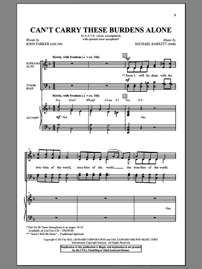 Can't Carry These Burdens Alone sheet music for choir (SATB: soprano, alto, tenor, bass) by John Parker and Michael Barrett, intermediate skill level