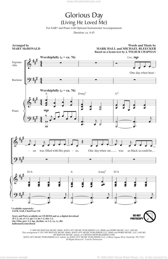 Glorious Day (Living He Loved Me) (arr. Mary McDonald) sheet music for choir (SAB: soprano, alto, bass) by Casting Crowns, Mark Hall, Mary McDonald and Michael Bleaker, intermediate skill level