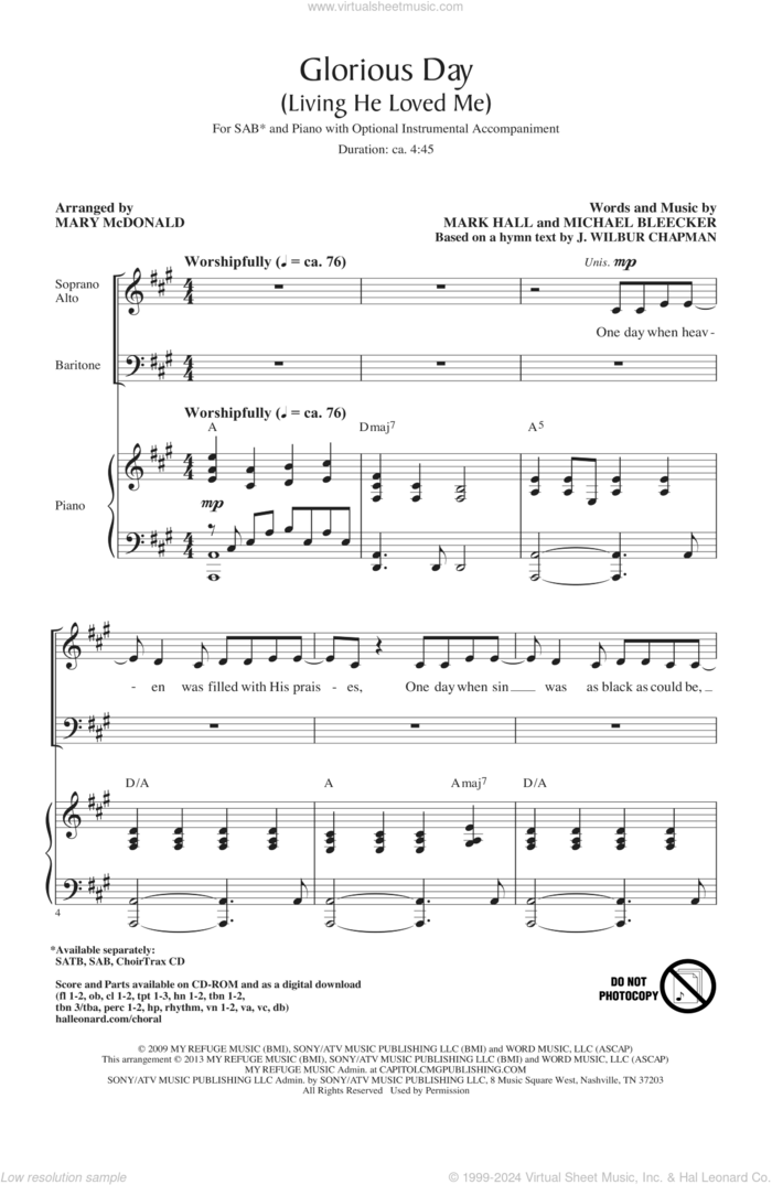 Glorious Day (Living He Loved Me) (arr. Mary McDonald) sheet music for choir (SAB: soprano, alto, bass) by Casting Crowns, Mark Hall, Mary McDonald and Michael Bleaker, intermediate skill level