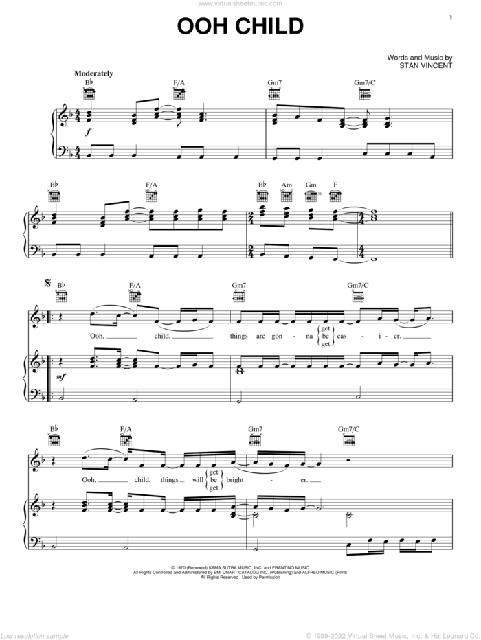 Ooh Child sheet music for voice, piano or guitar by The Five Fairsteps, Donnie McClurkin and Stan Vincent, intermediate skill level
