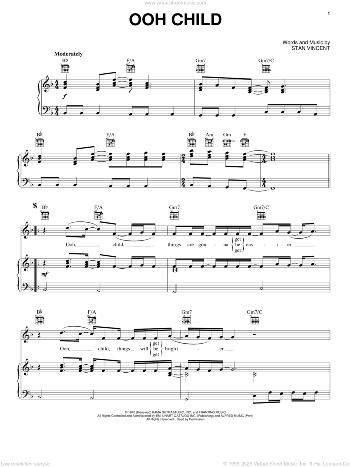 Ooh Child sheet music for voice, piano or guitar by The Five Fairsteps, Donnie McClurkin and Stan Vincent, intermediate skill level