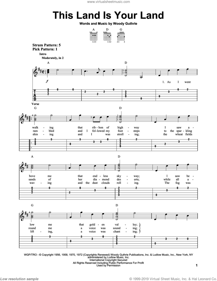 This Land Is Your Land, (easy) sheet music for guitar solo (easy tablature) by Woody Guthrie, New Christy Minstrels, Peter, Paul & Mary and Woody & Arlo Guthrie, easy guitar (easy tablature)
