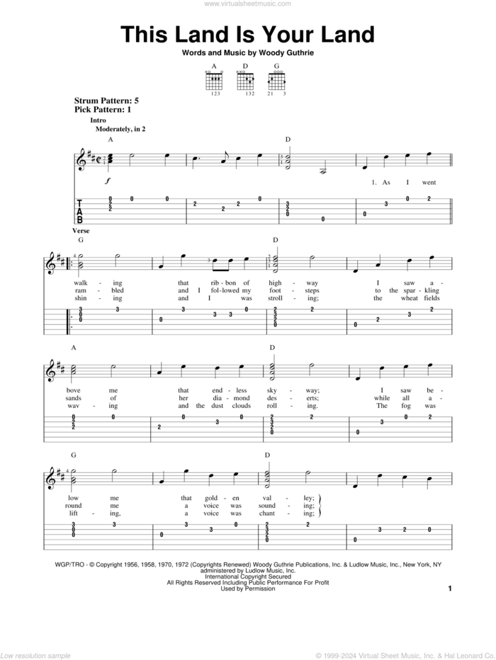 This Land Is Your Land, (easy) sheet music for guitar solo (easy tablature) by Woody Guthrie, New Christy Minstrels, Peter, Paul & Mary and Woody & Arlo Guthrie, easy guitar (easy tablature)