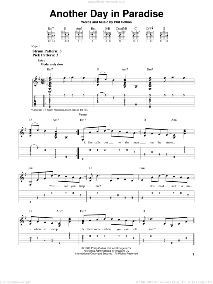 Another Day In Paradise sheet music for guitar solo (easy tablature) by Phil Collins, easy guitar (easy tablature)