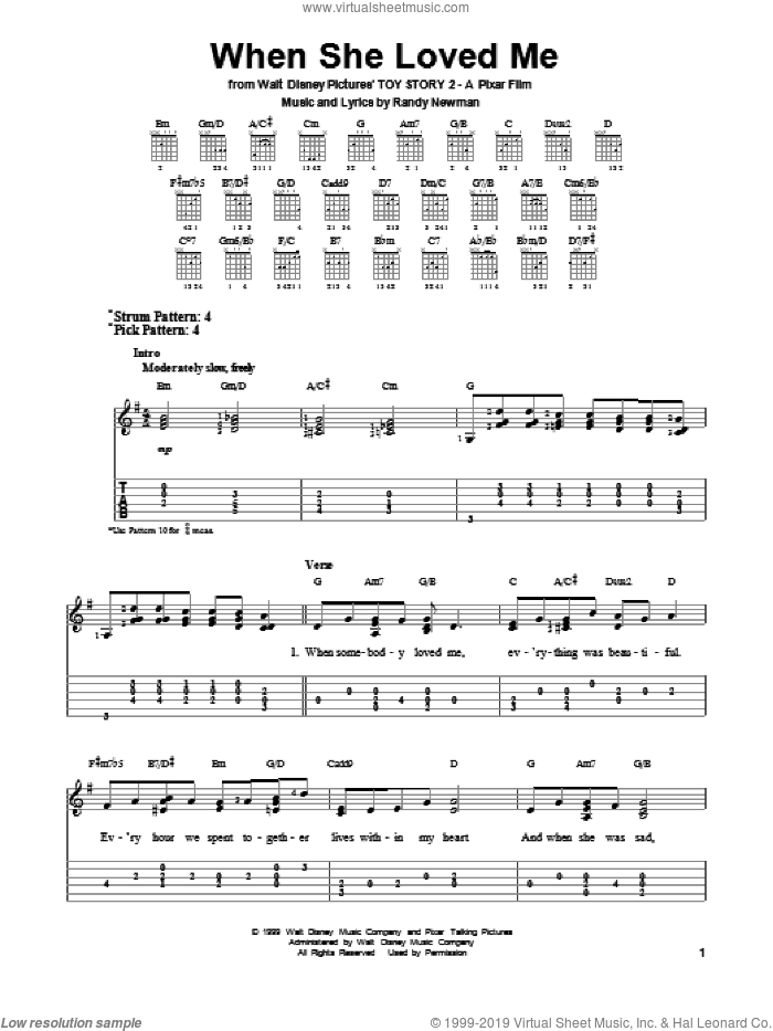 When She Loved Me (from Toy Story 2) sheet music for guitar solo (easy tablature) by Randy Newman and Sarah McLachlan, easy guitar (easy tablature)