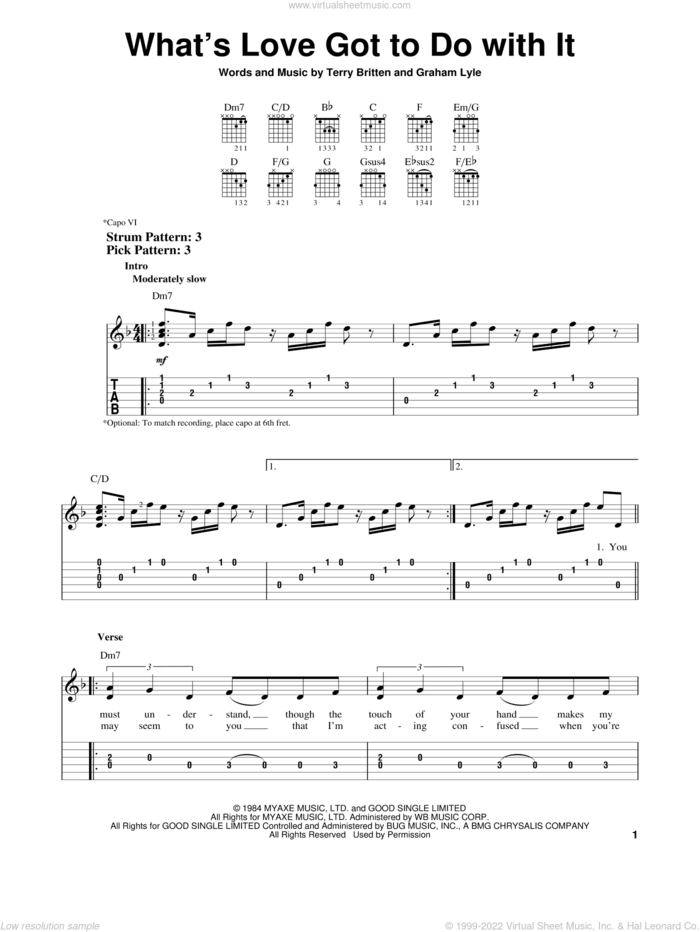 What's Love Got To Do With It sheet music for guitar solo (easy tablature) by Tina Turner, easy guitar (easy tablature)