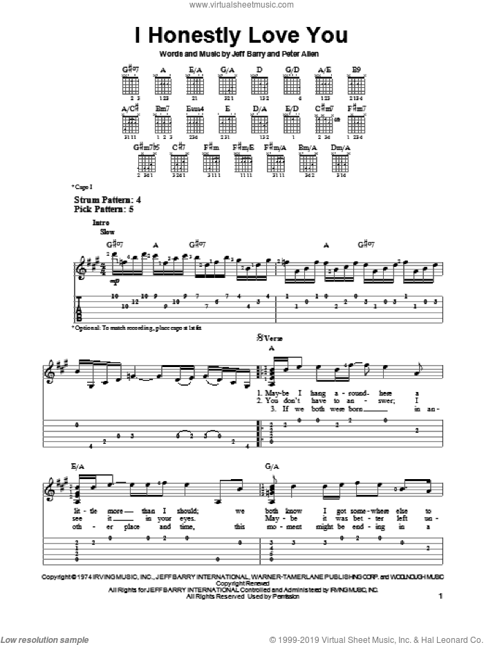 I Honestly Love You (from The Boy From Oz) sheet music for guitar solo (easy tablature) by Olivia Newton-John, Jeff Barry and Peter Allen, easy guitar (easy tablature)