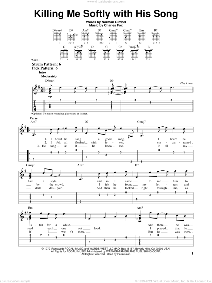 Killing Me Softly With His Song sheet music for guitar solo (easy tablature) by Roberta Flack and The Fugees, easy guitar (easy tablature)