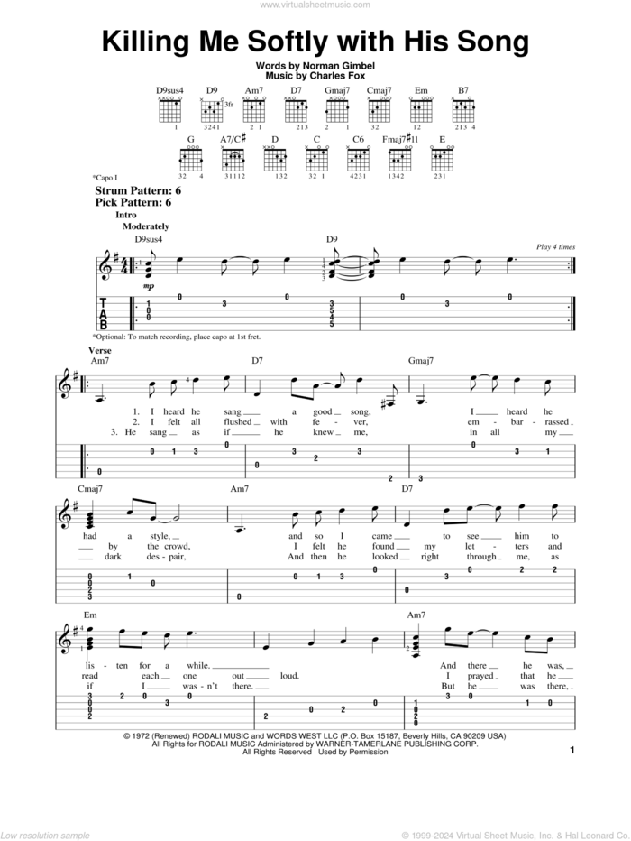 Killing Me Softly With His Song sheet music for guitar solo (easy tablature) by Roberta Flack and The Fugees, easy guitar (easy tablature)