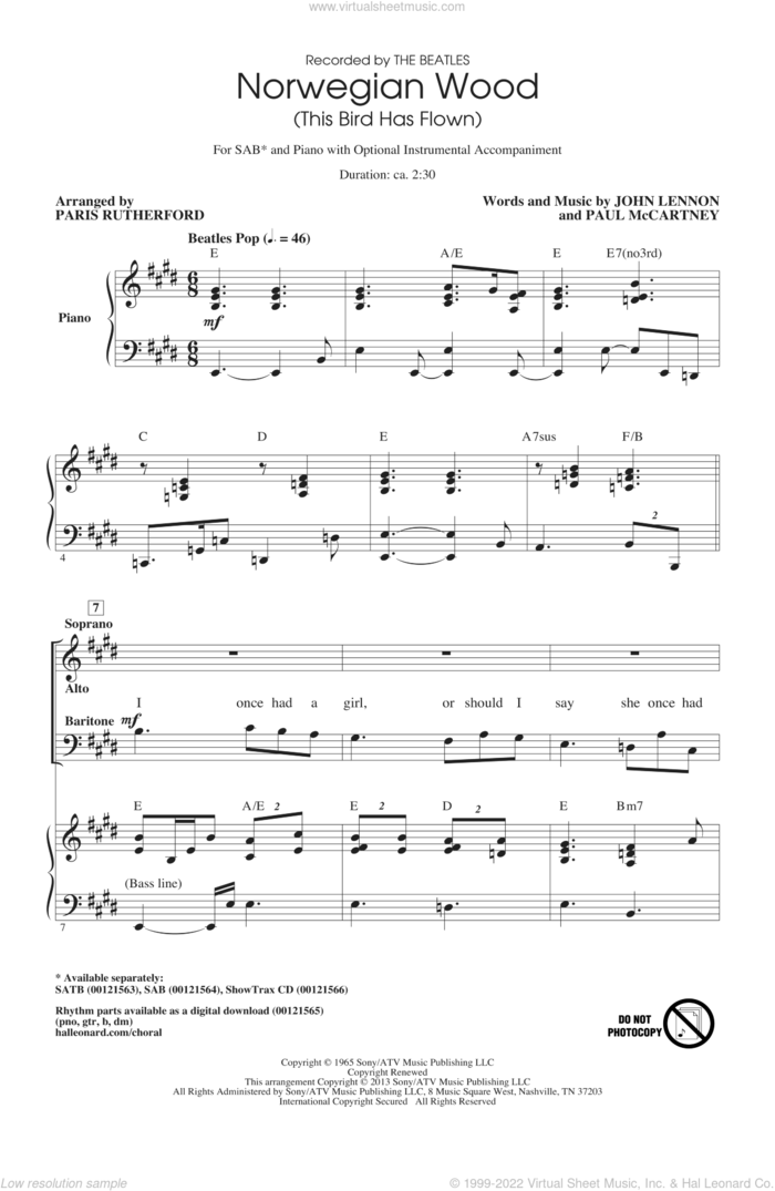 Norwegian Wood (This Bird Has Flown) sheet music for choir (SAB: soprano, alto, bass) by The Beatles and Paris Rutherford, intermediate skill level