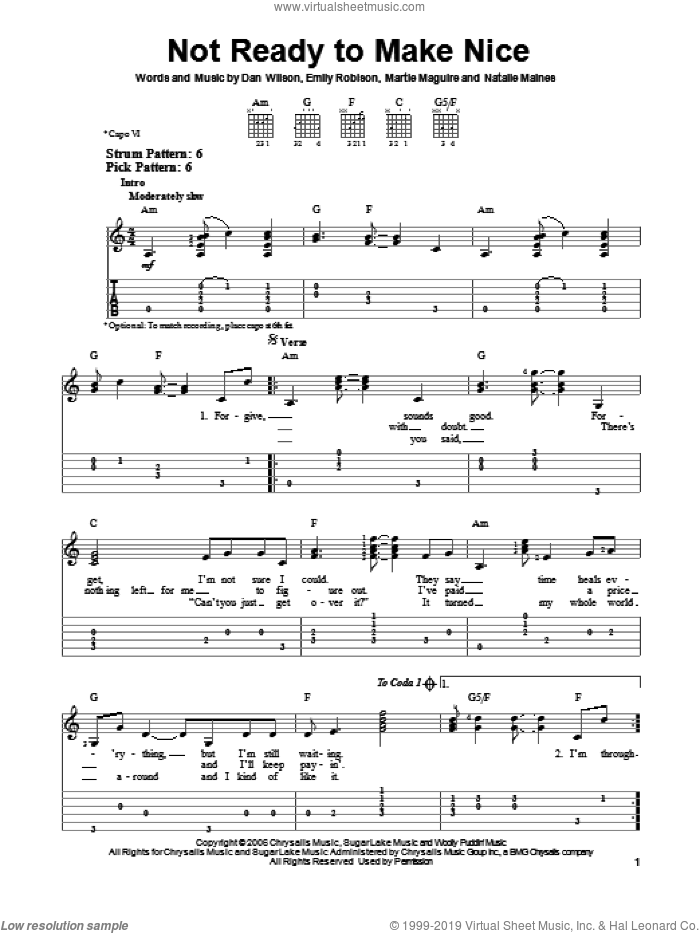 Not Ready To Make Nice sheet music for guitar solo (easy tablature) by The Chicks and Dixie Chicks, easy guitar (easy tablature)