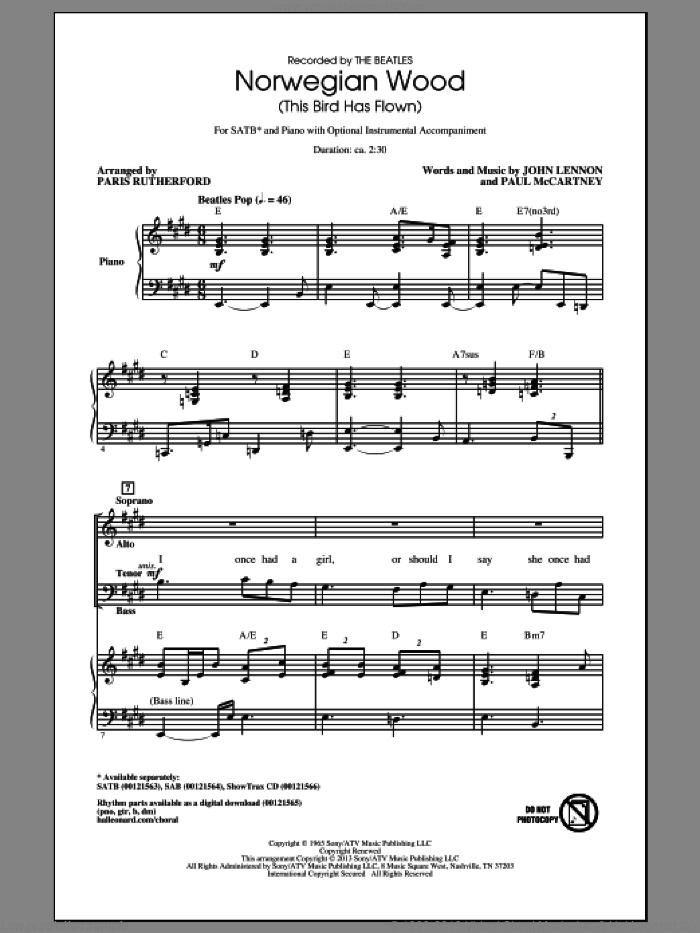 Norwegian Wood (This Bird Has Flown) sheet music for choir (SATB: soprano, alto, tenor, bass) by The Beatles and Paris Rutherford, intermediate skill level