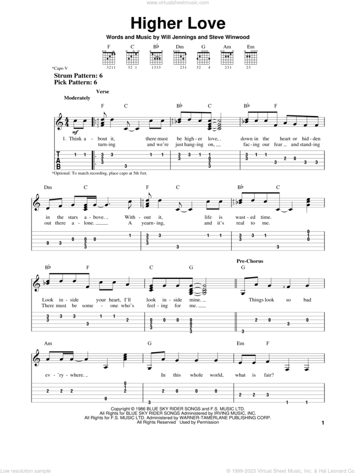 Higher Love sheet music for guitar solo (easy tablature) by Steve Winwood, easy guitar (easy tablature)