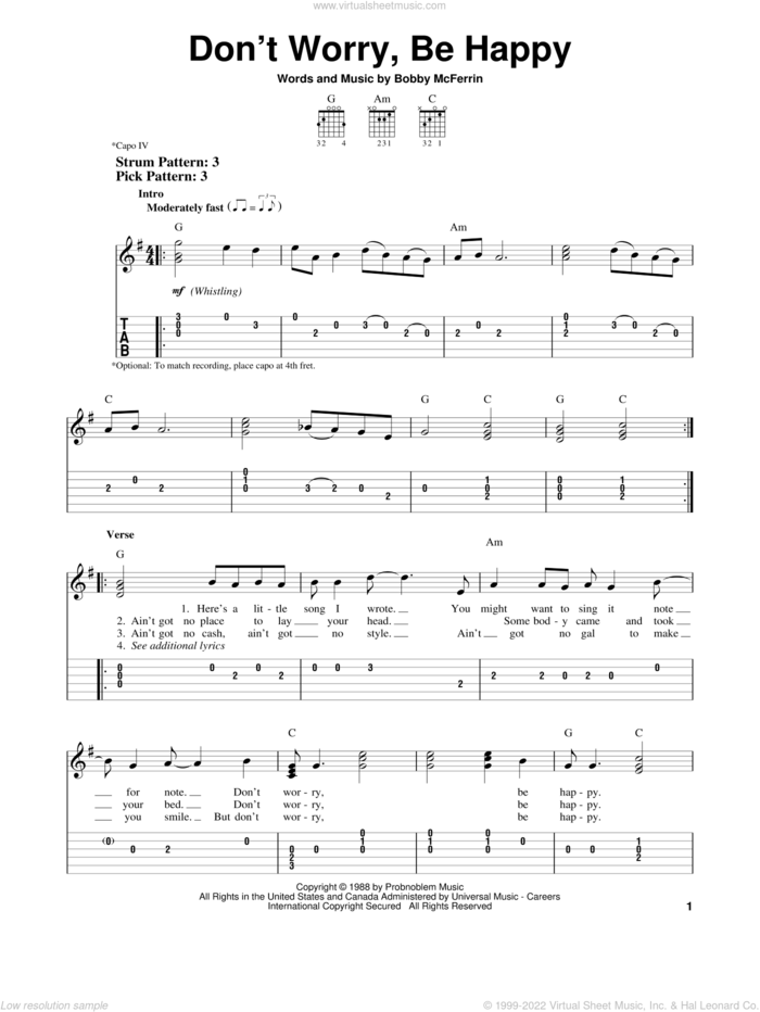 Don't Worry, Be Happy sheet music for guitar solo (easy tablature) by Bobby McFerrin, easy guitar (easy tablature)