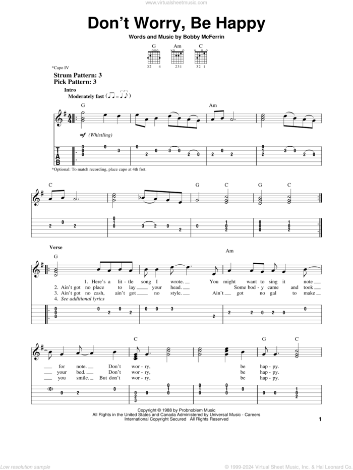 Don't Worry, Be Happy sheet music for guitar solo (easy tablature) by Bobby McFerrin, easy guitar (easy tablature)