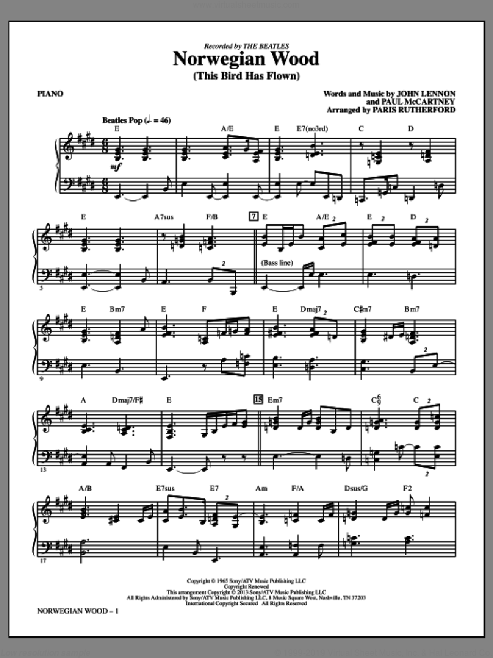Norwegian Wood (This Bird Has Flown) (complete set of parts) sheet music for orchestra/band by The Beatles and Paris Rutherford, intermediate skill level