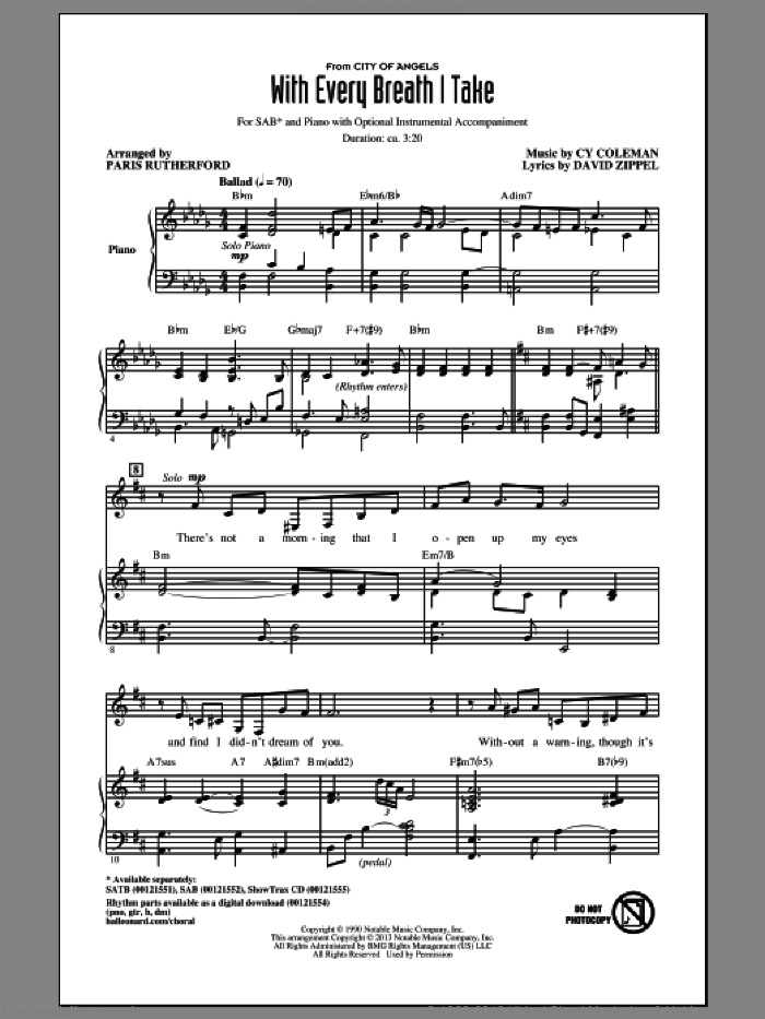 With Every Breath I Take sheet music for choir (SAB: soprano, alto, bass) by Cy Coleman and Paris Rutherford, intermediate skill level