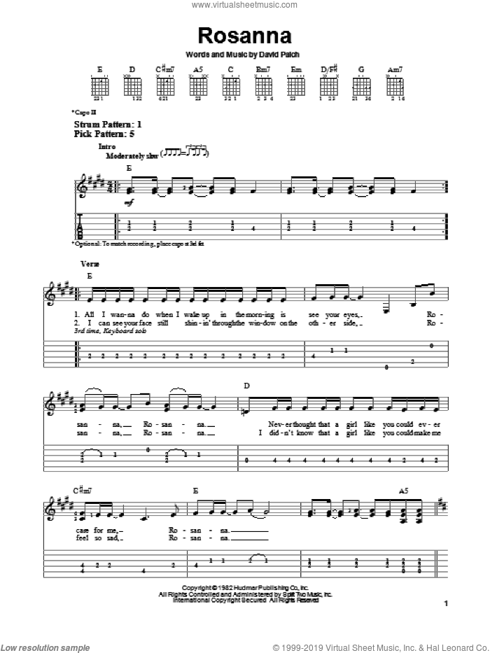Rosanna sheet music for guitar solo (easy tablature) by Toto, easy guitar (easy tablature)