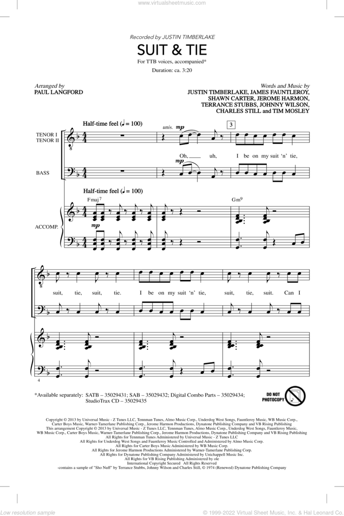 Suit and Tie sheet music for choir (TTBB: tenor, bass) by Justin Timberlake and Paul Langford, intermediate skill level