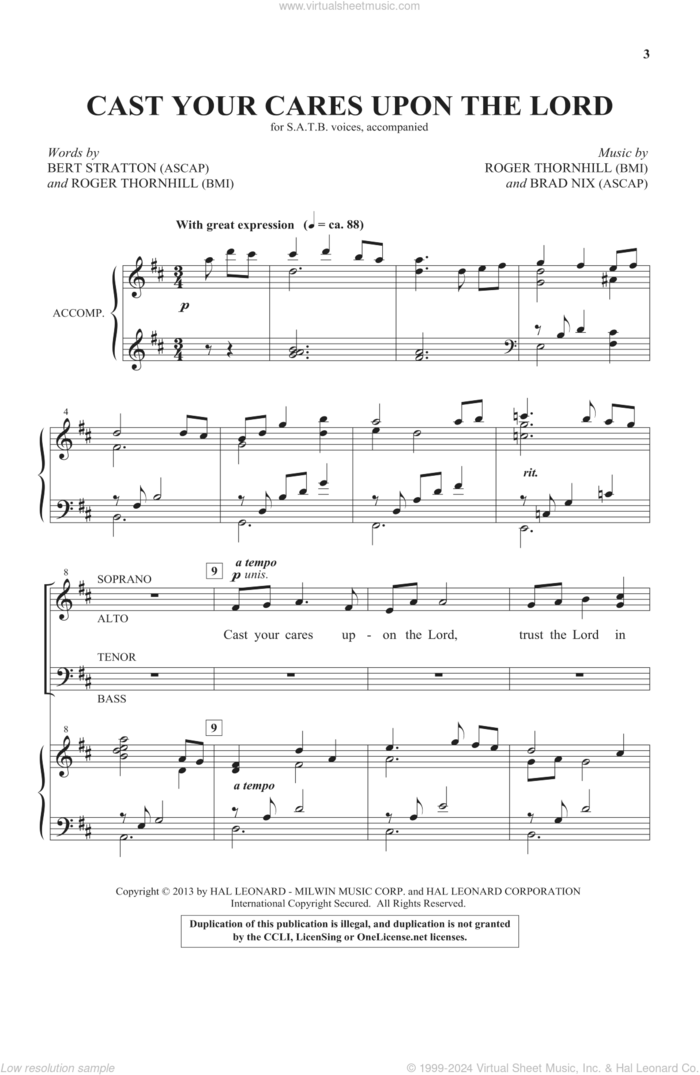 Cast Your Cares Upon The Lord sheet music for choir (SATB: soprano, alto, tenor, bass) by Brad Nix and Roger Thornhill, intermediate skill level