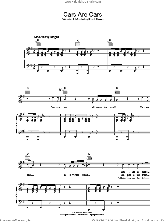 Cars Are Cars sheet music for voice, piano or guitar by Paul Simon, intermediate skill level