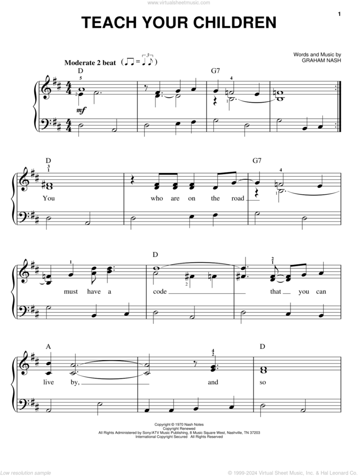 Teach Your Children, (easy) sheet music for piano solo by Crosby, Stills, Nash & Young, Crosby, Stills & Nash and Graham Nash, easy skill level