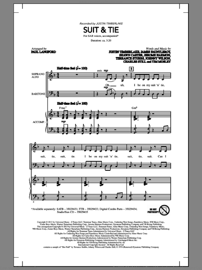 Suit and Tie sheet music for choir (SAB: soprano, alto, bass) by Justin Timberlake and Paul Langford, intermediate skill level