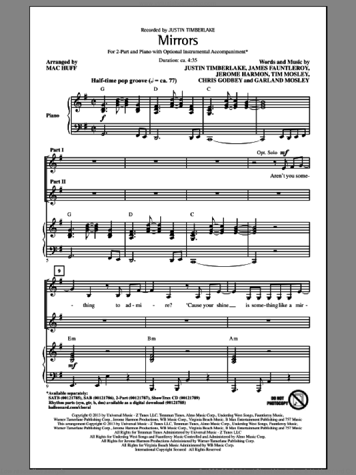 Mirrors sheet music for choir (2-Part) by Mac Huff and Justin Timberlake, intermediate duet